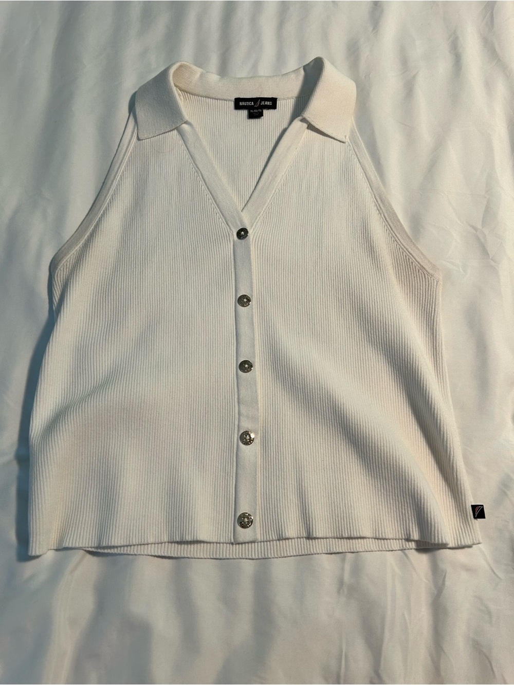 Nautica White Ribbed Sleeveless Button-Front Tank